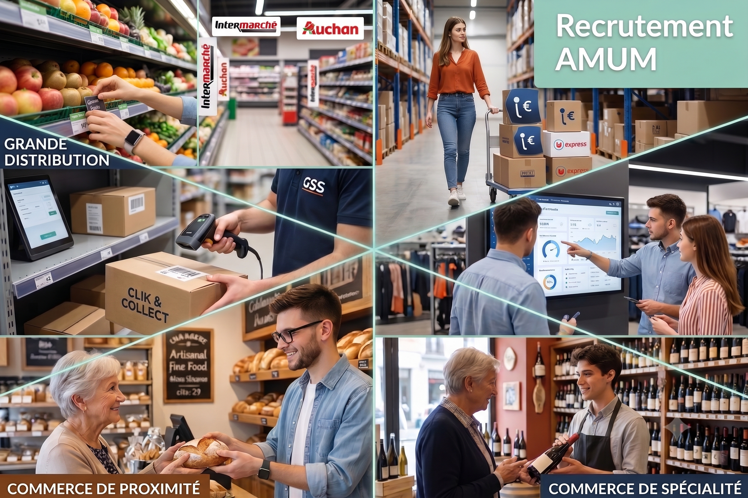 Mosaïque de photos illustrant le recrutement en alternance pour le TP AMUM dans les Hauts-de-France : grande distribution, commerce de proximité et vente conseil.