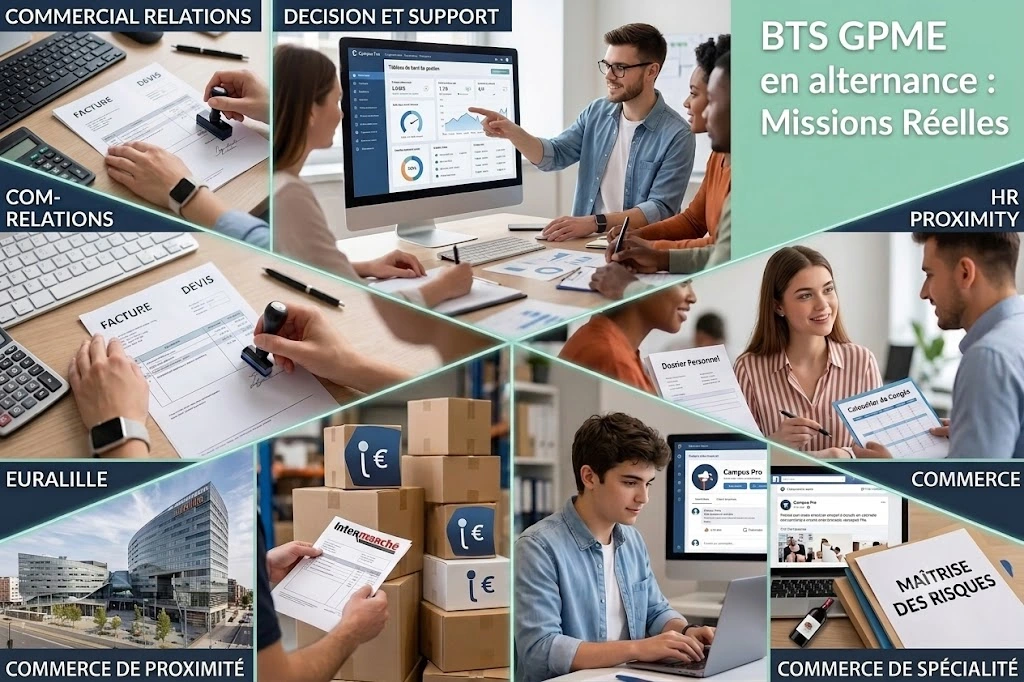 Mosaïque de photos illustrant les missions réelles en alternance BTS GPME chez Campus Pro dans les Hauts-de-France : gestion commerciale, ressources humaines, aide à la décision et communication.